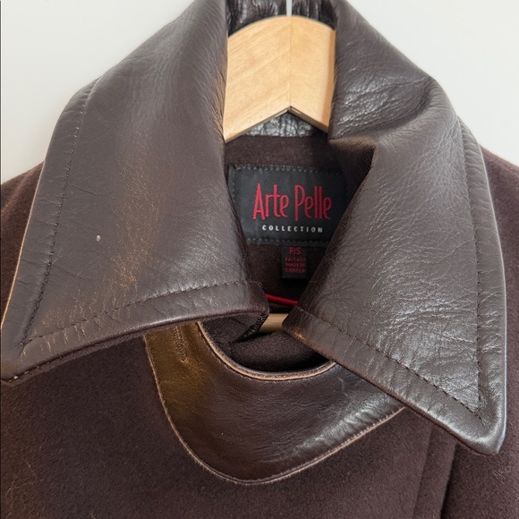 Arte Pelle Collection VTG Brown Wool Leather Trim Belted Pea Coat Women Size:P/S - Picture 10 of 12